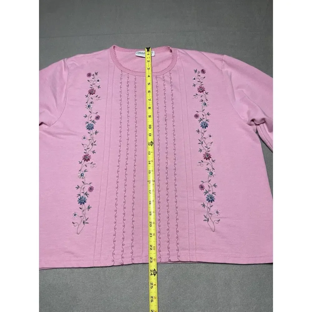 Womens XL Pink Embroidered Shirt 3/4 Sleeves Grandma Cottage Core Floral Cropped